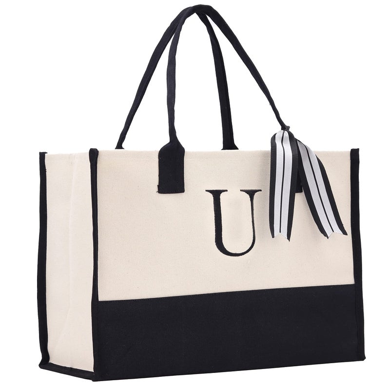 VANESSA ROSELLA Monogram Tote Bag with 100% Cotton Canvas and a Chic Personalized Monogram (Black Block Letter - U) - Image 1
